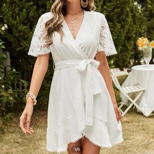 Cute White Wrap Dress with Floral Lace Short Sleeves - Size Small